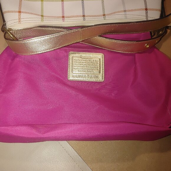 Coach Signature Crossbody Bag White Multicolor Plaid With Gold Accents & Pink In - Picture 3 of 15